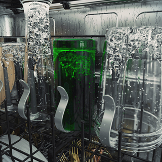 Four differently sized cups and bottles being cleaned by the bottle wash jets. Four differently sized cups and bottles being cleaned by the bottle wash jets.