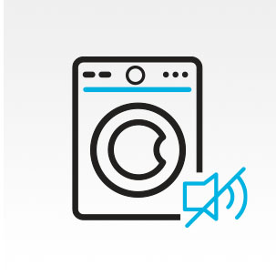 Illustration of washer with blue sound icon crossed out with a blue line. Illustration of washer with blue sound icon crossed out with a blue line.