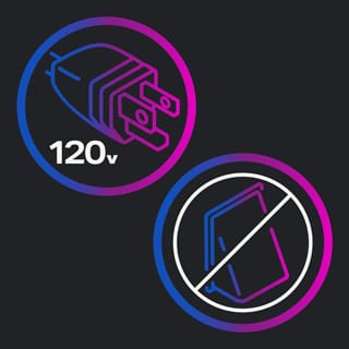 Two icons on a dark background. One icon features a plug with "120v" underneath. The other icon is a vent hood with a cross through it. Two icons on a dark background. One icon features a plug with "120v" underneath. The other icon is a vent hood with a cross through it.